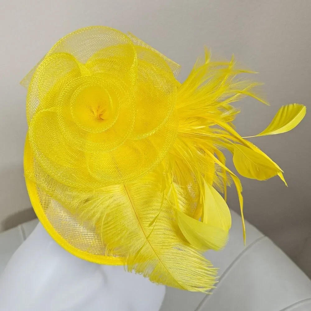 Yellow Fascinator Headband Hair Clip Feathers & Flower Kentucky Derby Tea Party